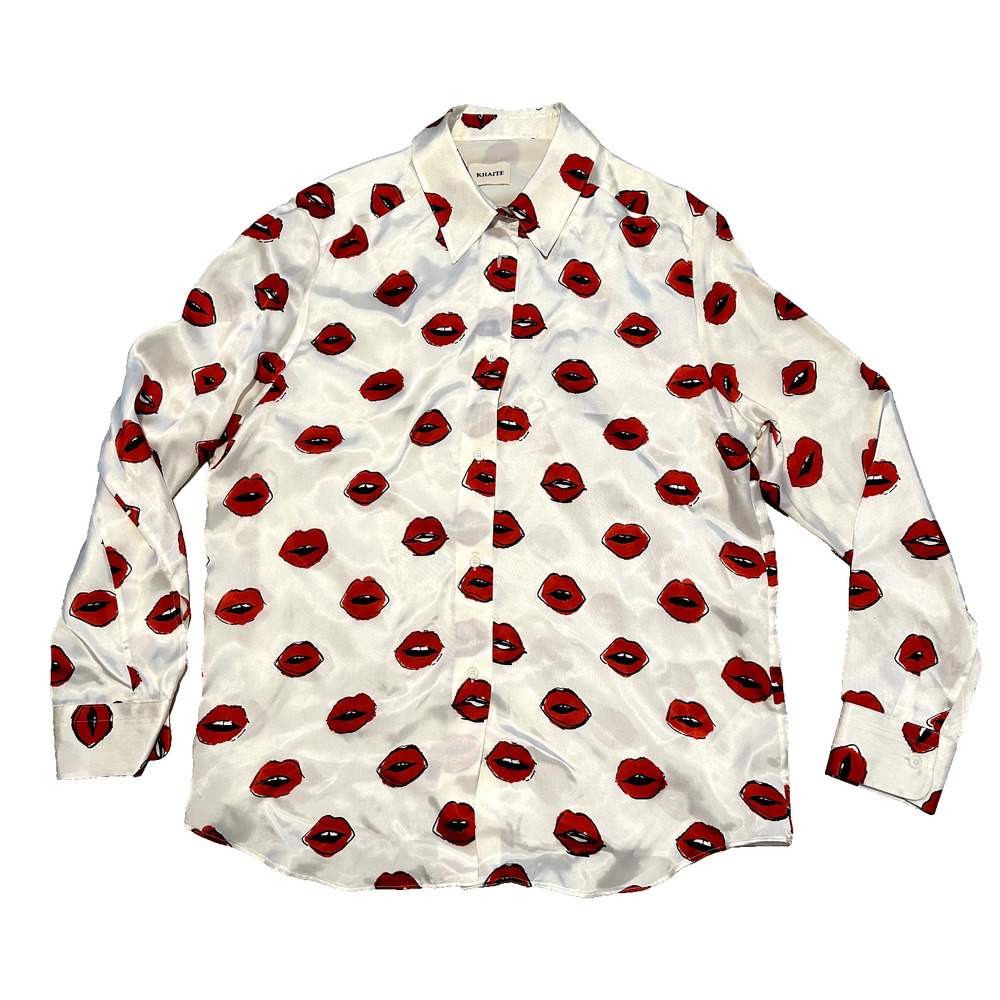 Khaite The Argo Lip Printed 100% silk Button Front Top Blouse White Womens 2